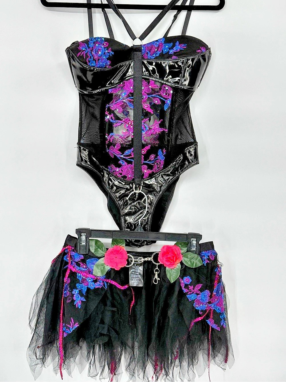 Fashion Nova Floral Mesh Bodysuit & Skirt Set in Black Size Small